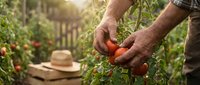 Senior male farmer harvesting fresh red tomatoes in organic garden with hands picking ripe vegetables from green plants during golden hour sunlight.