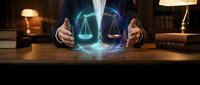 Businessman hands protecting glowing holographic scales of justice symbol above wooden desk in law office with books and warm lighting atmosphere.