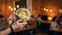 Hands holding smartphone with glowing brain hologram in cozy cafe setting with warm lighting and brick walls for technology and innovation concepts.