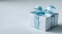 Elegant white gift box with shiny blue ribbon bow on soft gray background, perfect for celebration announcements or holiday promotions.