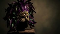 Ornate Venetian carnival mask with purple and green feathers on wooden surface against dark background for masquerade party decoration and costume design.