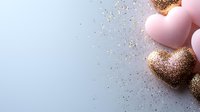 Pink and gold glitter hearts on soft blue background with scattered sparkles and copy space for romantic message or Valentine's day design.