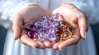 Hands holding colorful crystal stones in natural sunlight, showcasing amethyst, clear quartz and citrine minerals with light reflections and healing energy properties.