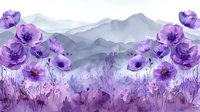 Purple poppies bloom against misty mountain landscape in watercolor style, soft gradient from lavender to gray creates dreamy floral scenery.