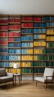 Colorful home library with organized books arranged by color on wooden shelves, modern reading chairs and lamp creating cozy intellectual atmosphere.