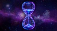 Cosmic hourglass with glowing blue sand flowing through glass against starry purple nebula space background. Time concept for sci-fi projects and fantasy designs.