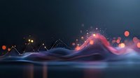 Abstract digital wave with glowing pink and orange particles flowing over dark blue background, creating dynamic motion effect for technology presentations.