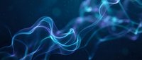 Abstract flowing neon waves in cyan and blue tones against dark background, suitable for technology, digital, and futuristic design projects.