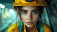 Young female construction worker wearing yellow hard hat and safety gear against turquoise background with bokeh lights, striking blue eyes and confident expression.