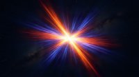 Radiant starburst with intense orange and blue light rays bursting from glowing center against dark background. Use for sci-fi, energy, technology, and abstract design projects.