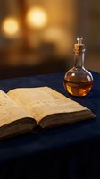 Ancient open book with glass potion bottle containing amber liquid on blue surface with warm candlelight creating mystical atmosphere for fantasy storytelling.