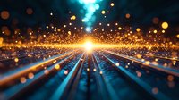 Glowing light rays with golden particles and bokeh effects create futuristic perspective on dark background, abstract technology concept.