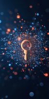 Digital key icon surrounded by glowing network connections and floating particles against dark background, representing cybersecurity and digital access control.