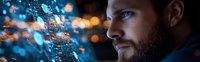 Young bearded man looking through wet window with rain drops at night, illuminated by blue and orange bokeh lights creating atmospheric mood.
