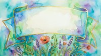 Watercolor floral banner with gold outline, poppies and lavender on teal blue green background, blank ribbon scroll for text or greeting card design.