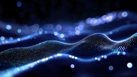 Digital wave of glowing blue particles flowing on dark background, abstract technology visualization with bokeh light effects and dynamic motion.