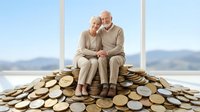 Happy senior couple sitting on pile of golden coins representing retirement savings and financial security for elderly people planning future.