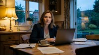 Professional businesswoman working late on laptop at home office desk with warm evening lighting and coffee cup creating productive workspace atmosphere.