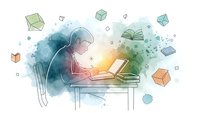 Young woman studying at desk with laptop surrounded by floating books and geometric shapes in watercolor style for educational content and learning materials.