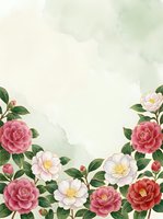 Watercolor camellia flowers in pink, red and white with green leaves on soft sage background, copy space for wedding or greeting card.