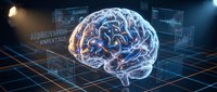 Digital brain with glowing neural networks surrounded by holographic data interfaces and futuristic technology elements for AI and neuroscience concepts.