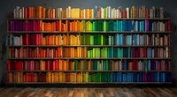 Colorful bookshelf wall with books arranged by rainbow spectrum from red to purple creating vibrant library display for reading and education concepts.