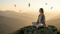 Young woman meditating on mountain peak at sunrise with birds flying overhead, peaceful mindfulness practice in nature for wellness and spiritual growth.