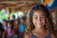 Portrait of a young Hispanic girl with curly ombre hair and bright smile wearing blue top, perfect for education, diversity, childhood or happiness concepts in advertising and marketing.