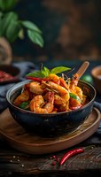 Spicy grilled shrimp with chili peppers and fresh herbs served in rustic black bowl on wooden board. Dark moody food photography with selective focus.