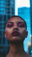 Young African American woman with vibrant pink eyeshadow and lipstick against urban blue skyscraper background, eyes closed in serene expression, dramatic upward angle.