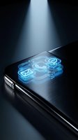Modern smartphone displaying holographic social media icons with glowing blue light effects on dark background for digital communication concepts.