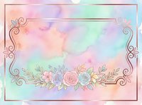 Pastel watercolor background with rose gold ornate frame and floral bouquet, perfect for wedding invitations, greeting cards, and romantic designs.