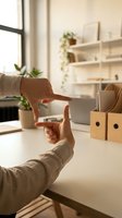Hands forming frame gesture in bright modern office workspace with plants and shelves for creative vision and planning concepts.