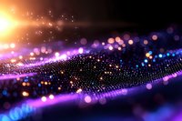 Glowing particles wave with purple and orange bokeh lights on dark background creating futuristic digital network visualization effect.