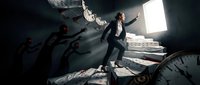 Young businessman in suit falling through surreal office space with floating papers and debris in dramatic lighting for corporate stress concepts.