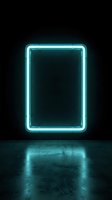 Cyan neon rectangular frame glowing against dark background with concrete floor reflection, suitable for modern design, advertising, and digital art projects.