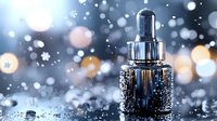 Luxury cosmetic dropper bottle with sparkling water drops and bokeh lights on dark reflective surface against blurred winter background with snowflakes.