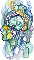 Watercolor brain with flowing abstract shapes in vibrant colors representing creativity, mental health, psychology, and artistic expression for wellness designs.