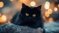 Black fluffy cat with golden eyes sitting on stone surface with warm bokeh lights in background creating cozy atmospheric mood for pet photography.