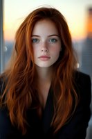 Young woman with flowing red hair and striking blue eyes gazes directly at camera against blurred sunset background, wearing black blazer, natural makeup look.