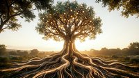 Majestic ancient tree with sprawling roots at golden hour sunset, symbolizing growth, strength and deep connections in natural landscape setting.