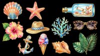 Tropical beach summer collection with seashell, starfish, message bottle, hibiscus flower, straw hat, coral, sunglasses, anchor, ice cream cone, seashell, and palm leaves isolated on transparent background. Ready for t-shirt designs, clipart, stickers, and print-on-demand products.