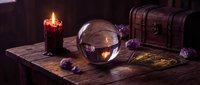 Mystical fortune telling setup with crystal ball, burning candle, ancient books and gemstones on wooden table for divination and spiritual practices.