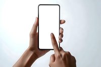 Hands holding smartphone with blank white screen, finger touching display. Mobile device mockup for app presentation and digital interface design.