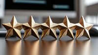 Golden metallic stars in row casting soft shadows on reflective surface, luxury rating and excellence concept for business and service evaluation.
