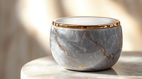 Luxurious marble-effect ceramic bowl with gold rim and veining on marble surface, elegant tableware photographed in soft natural lighting against blurred background.