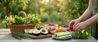 Fresh organic vegetables and fruits arranged on wooden table with wicker basket in sunny garden setting for healthy cooking and meal preparation.
