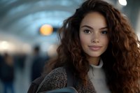 Young mixed race woman with curly brown hair and natural makeup smiling at camera. Wearing casual sweater in urban setting with soft bokeh background.