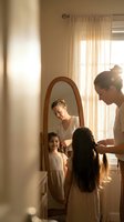 Mother braiding young daughter's long dark hair in warm sunlit bedroom with vintage oval mirror creating intimate family bonding moment for lifestyle content.