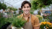 Young Hispanic male gardener in brown apron holding potted fern plant while smiling at garden center, surrounded by green plants and colorful flowers in greenhouse setting.